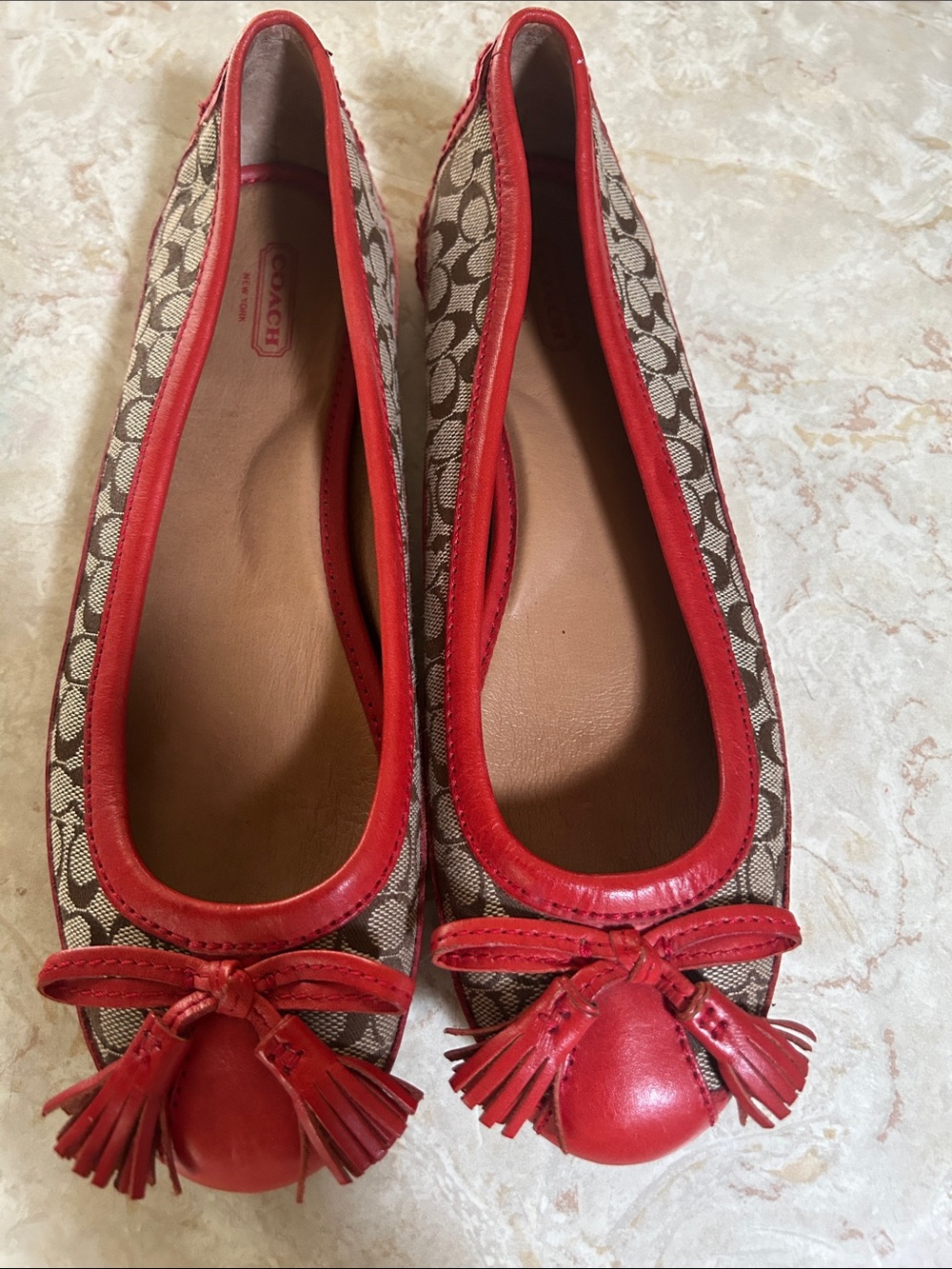 Coach Signature Canvas Ballet Flats with Red Trim and Tassels